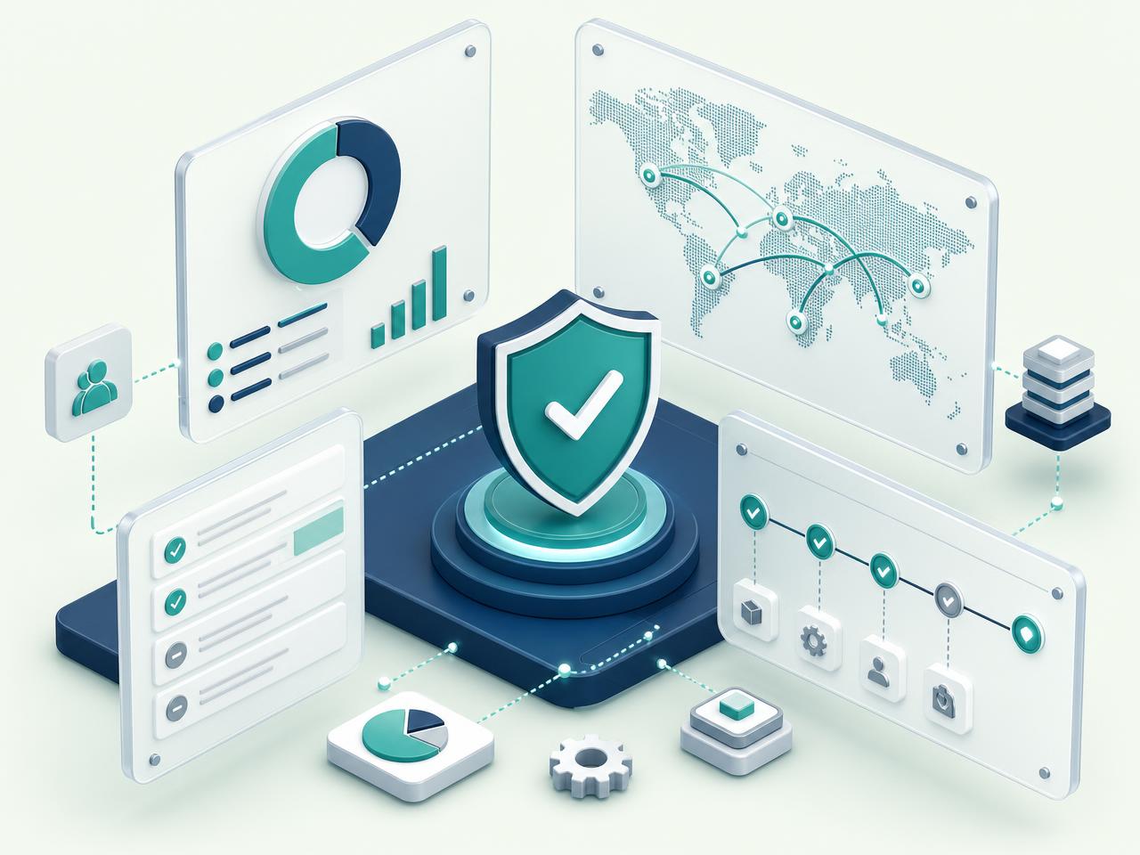 Connected panels showing vendor compliance scoring, contract clause checks, cross-border data transfer and delivery timelines